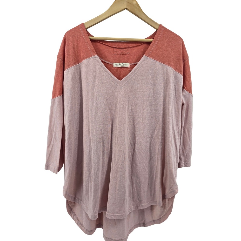 We The Free Top Women Medium Pink Colorblock Raglan V-Neck Slub Knit High-Low